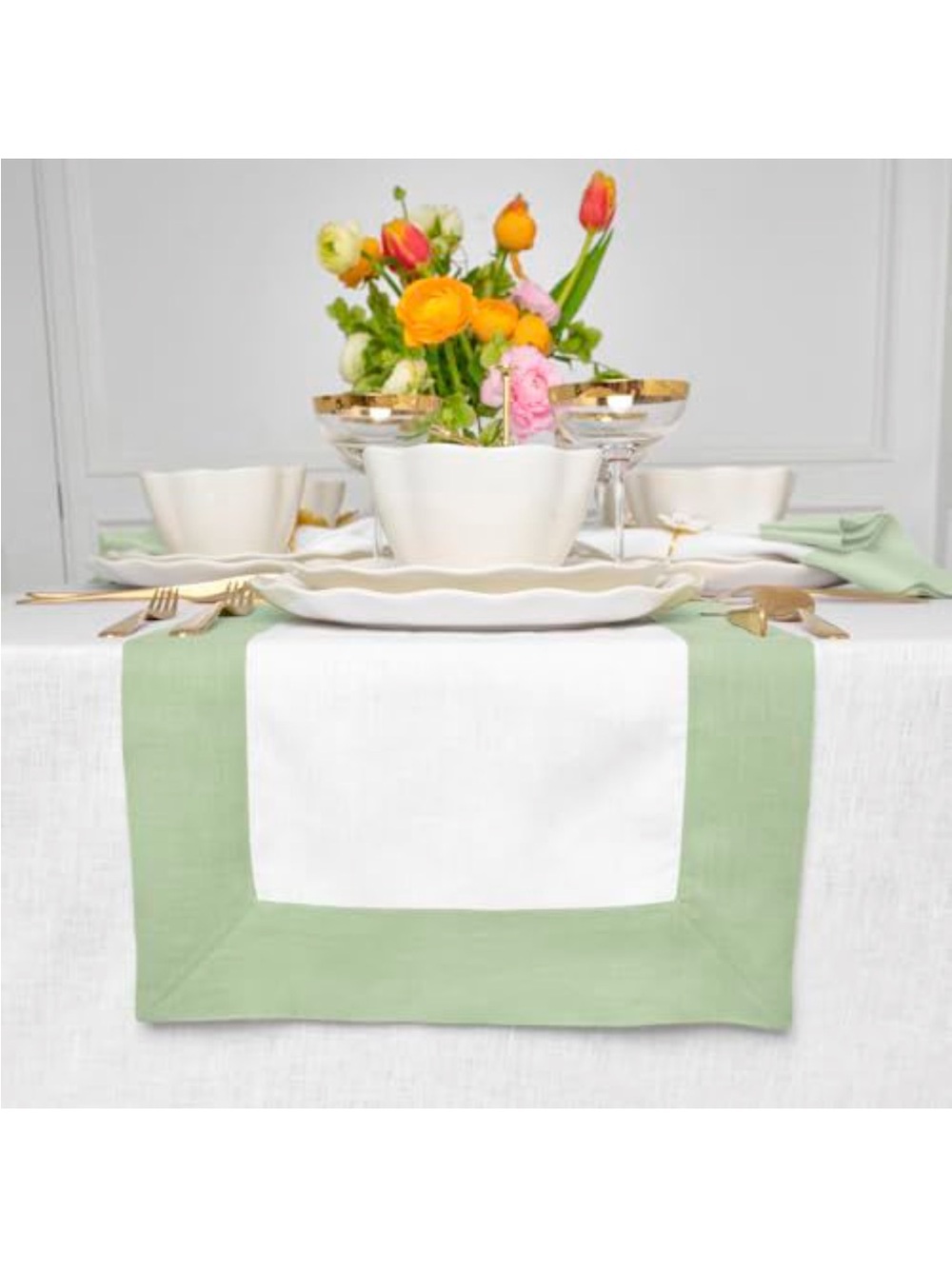 NEW Solino Home 100% Pure Linen Table Runner 108”Long. Light Green/White.